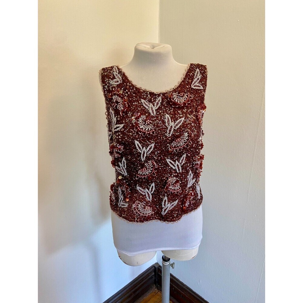 VTG 60s Sequin House of Gold Beaded Top Floral Bird Low Back Wool Silk Purple L